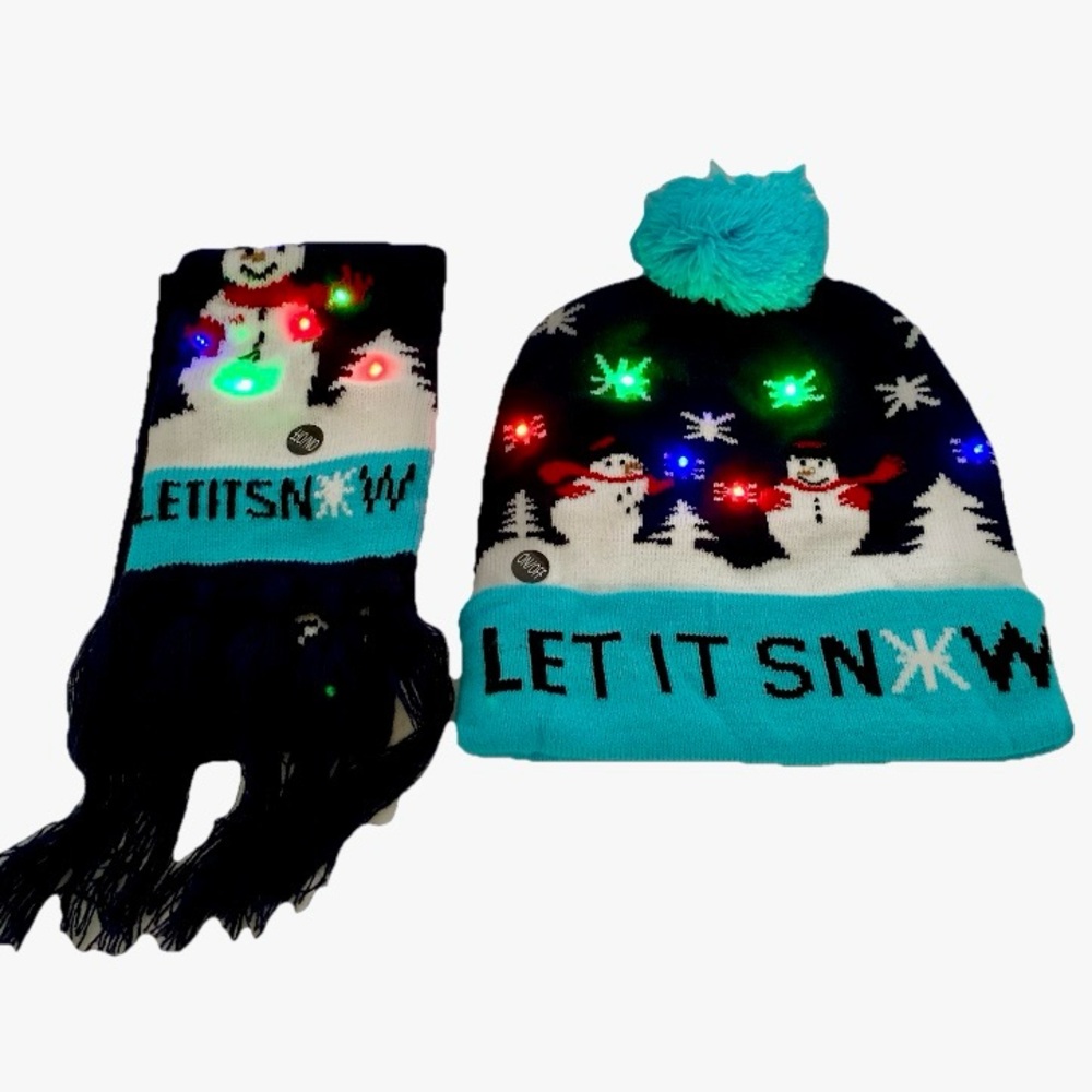 NWOT Christmas‎ Gift Winter Hat Beanie Scarf LED Lights Let It Snow Snowman Kids